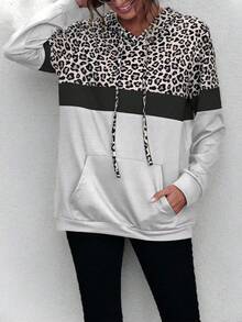EMERY ROSE Women's Solid Color Leopard Print Patchwork Hooded Long Sleeve Long Sweatshirt - Grey - View 6