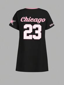 SHEIN 返校运动平纹针织连衣裙，适合秋冬季，运动赛事，宝蓝色，篮球号码 23，青少年女孩休闲运动街头服饰，朋克，短袖中长连衣裙，夏季酷炫服饰系列，异想天开，基础款，运动风格，休闲舒适，秋季个性风格，复古连衣裙，简约时尚，Y2K 连衣裙 - 彩色 - 查看 3