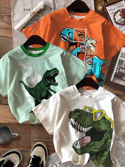 SHEIN 3 Pieces Young Boys Casual Comfortable Stylish Classic Dinosaur Print Short Sleeve Knit T-Shirts, Suitable For Summer