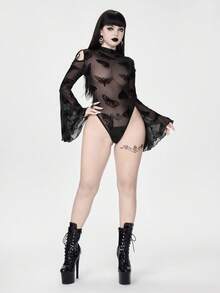ROMWE Bộ đồ liền thân tay loe phối ren họa tiết bướm Gothic gợi cảm - màu đen - Xem 5