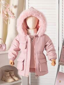 SHEIN Young Girls Autumn/Winter New Stylish Versatile Thickened Padded Coat, Hooded With Faux Fur Collar, Zipper, Pockets, Waist Cinched, Padded Coat - Pink - View 9