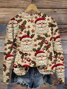 SHEIN LUNE 圣诞节仿皮草圣诞帽休闲简约印花圆领宽松女式运动衫，秋冬 - 彩色 - 查看 2