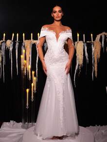 Glamrae Váy maxi đuôi cá dài tay trễ vai thêu hạt cườm trắng sang trọng, gợi cảm, dáng suông, dáng xòe rộng, phù hợp cho mùa cưới, váy cưới, những dịp trang trọng - trắng - Xem 3