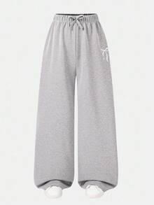 SHEIN Girls' Wide Leg Pants With Bow Waist, Butterfly Print, Fashion Casual Sports Bottoms, Grey, Back To School
