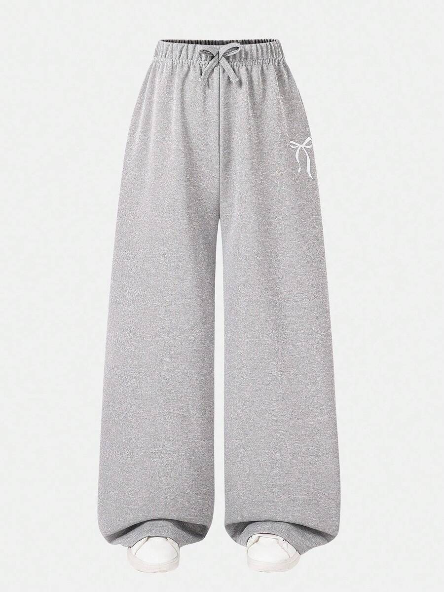 SHEIN Girls' Wide Leg Pants With Bow Waist, Butterfly Print, Fashion Casual Sports Bottoms, Grey, Back To School