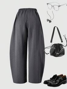 1 件女童褶皱阔腿裤，松紧腰，宽松竖条纹梭织休闲长裤，秋季