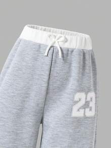 Sparklyn Tween Girls Casual Colorblock Waistband Knit Fabric Straight Leg Pants, Loose Fit With Numeric Print, Comfortable For Autumn/Winter Daily, Commute, Outdoor, Party, Photo Shoot - Grey - View 5