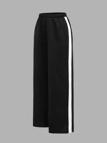 2 件套青少年女孩休闲运动家居服运动衫和阔腿运动裤套装，拼色超大圆领长袖连帽衫和裤子返校装，黑白