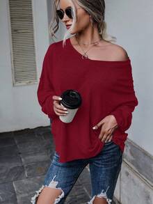 EMERY ROSE Casual Solid Color Batwing Sleeve Back Tie T-Shirt, Autumn - Red - View 5