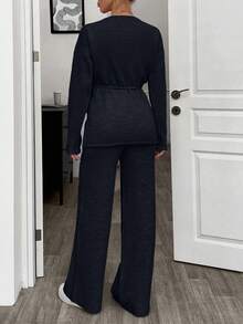 SHEIN Cottnline Women's Solid Color Long Sleeve Casual Drawstring Knitted 2 Pieces Set - Black - View 2