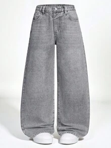 SHEIN Explorewe 男童复古水洗灰色宽松阔腿休闲牛仔裤，美式高街百搭牛仔裤，秋冬季时尚穿搭之选 - 灰色 - 查看 1