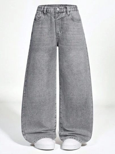 SHEIN Explorewe 男童复古水洗灰色宽松阔腿休闲牛仔裤，美式高街百搭牛仔裤，秋冬季时尚穿搭之选