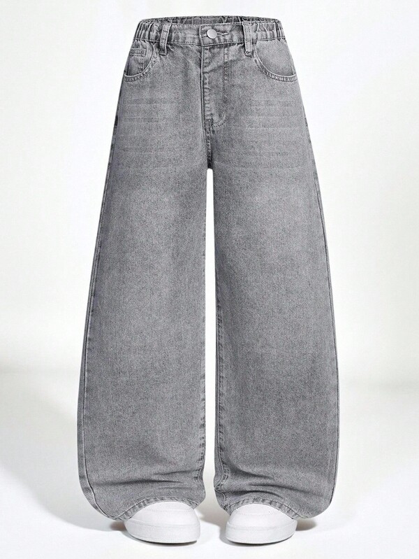 SHEIN Teenage Boys' Vintage Washed Gray Loose Fit Wide Leg Casual Jeans, American Style High Street All-Match Denim Pants Chic Outfits For Autumn/Winter Fall
