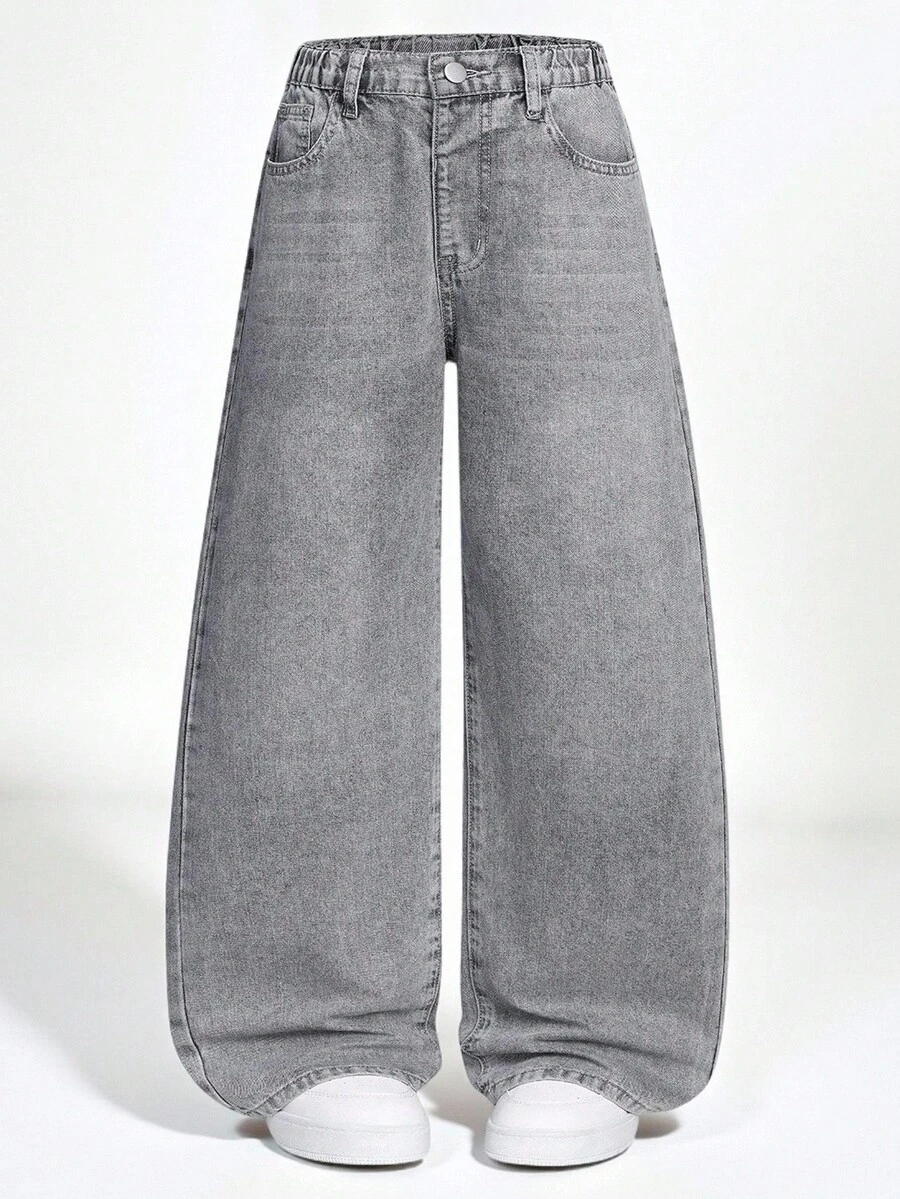 SHEIN Explorewe 男童复古水洗灰色宽松阔腿休闲牛仔裤，美式高街百搭牛仔裤，秋冬季时尚穿搭之选 - 灰色 - 查看 1