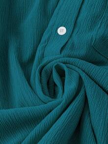 SHEIN Clasi 大码纯色 V 领插肩袖纹理面料衬衫 - 藍色 - 查看 4