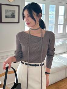DAZY 女式斜肩圆领修身长袖柔软毛衣 - 棕色 - 查看 6