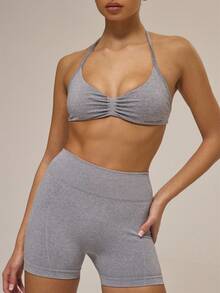 Musera Sport Light Grey Summer Athleisure Gym Ruched Bust Open Back Halter Sports Bra And High Waist Snached Shorts Co-Ord Activewear Set For Workout Running Padel - Light Grey - View 2