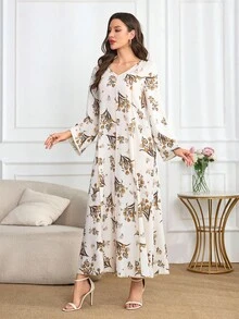 Al Najma 女式花卉印花 V 领喇叭袖宽松阿拉伯风格长裙，春秋装 - 黃色 - 查看 6