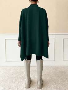 Women Solid Color Mock Neck Half Sleeve Oversize Pullover - Dark Green - View 4
