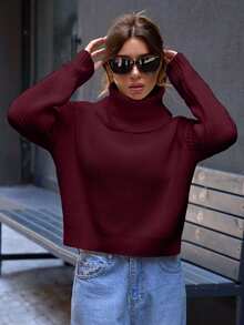 EURMUSE Casual Turtle Neck Plain Crop Sweater - Burgundy - View 4