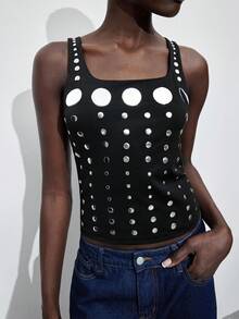 Maija 2026 Women's Square Neck Sequin Casual Tank Top, Winter Clothes For Women, Christmas Clothes, New Year Clothes, Thanksgiving, Stylish Clothing Collection, Glitter Top, Black Top,Modern City, New Fashion - Black - View 10