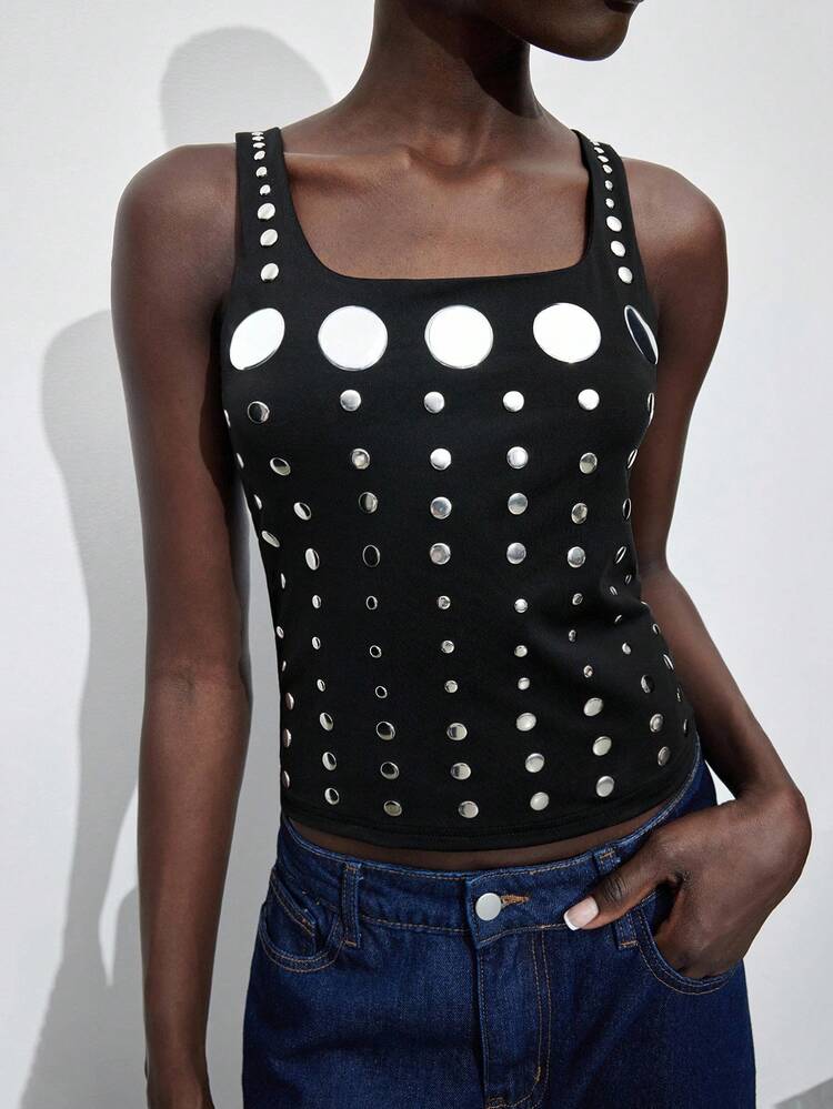 SHEIN Maija 2025 Damski, kwadratowy dekolt, cekinowy, swobodny top bez rękawów