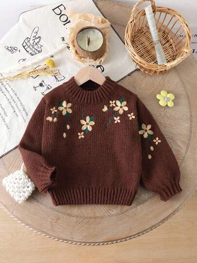 SHEIN Vintaside Kids Young Girls Vintage Floral Embroidered Crew Neck Long Sleeve Pullover Sweater, Retro Countryside Style Brown Knitted Sweater Fall Sweaters Kids Brown Sweater For Kids Girl Clothes Autumn And Winter Clothes Knitted Brown Top For Kids Vintage Embroidered Sweater