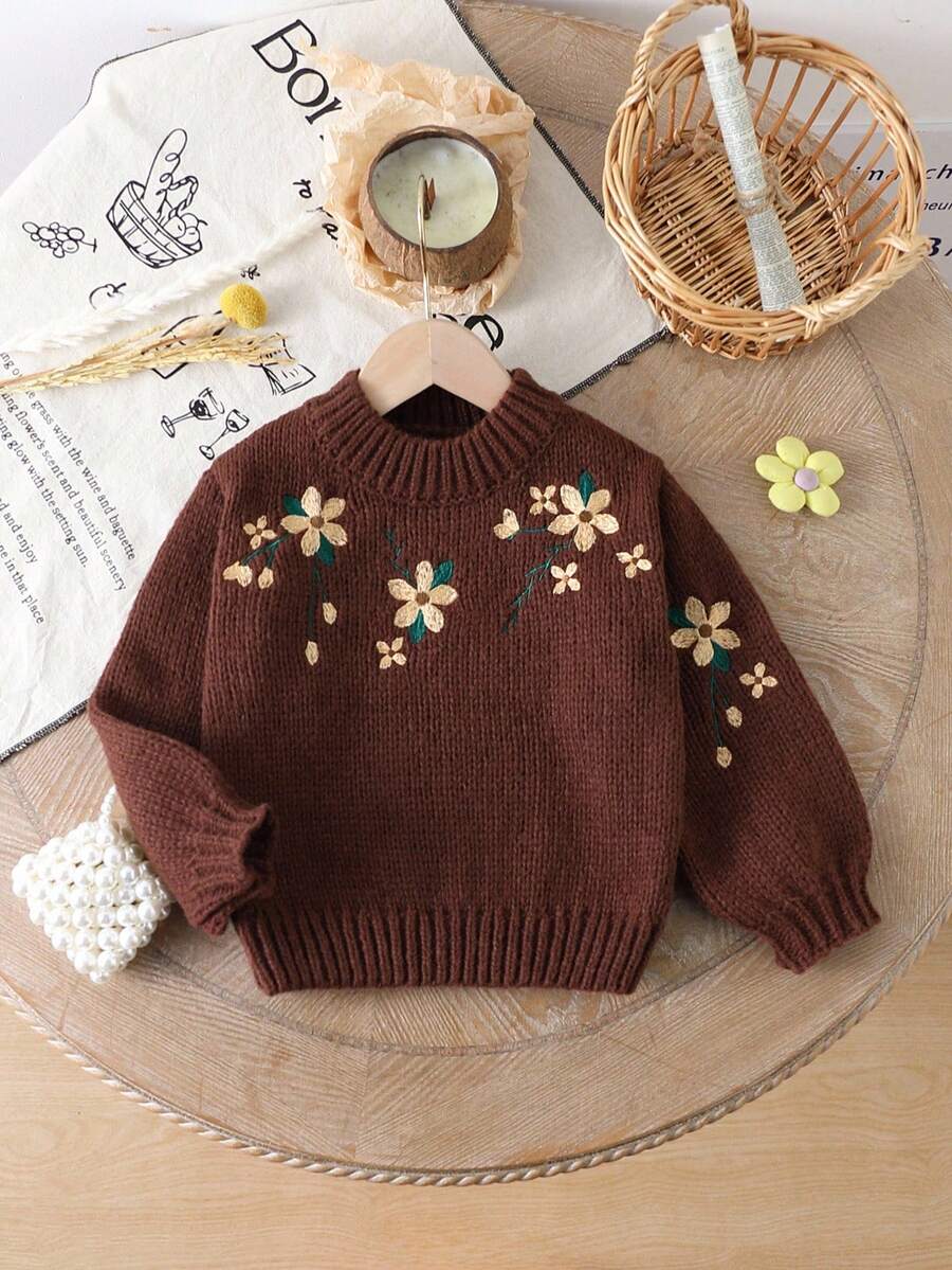 SHEIN Vintaside Kids 少女復古公主風花卉刺繡圓領長袖套頭針織毛衣 棕色鄉村風秋季仙氣藍上衣 - 棕色 - 查看 1