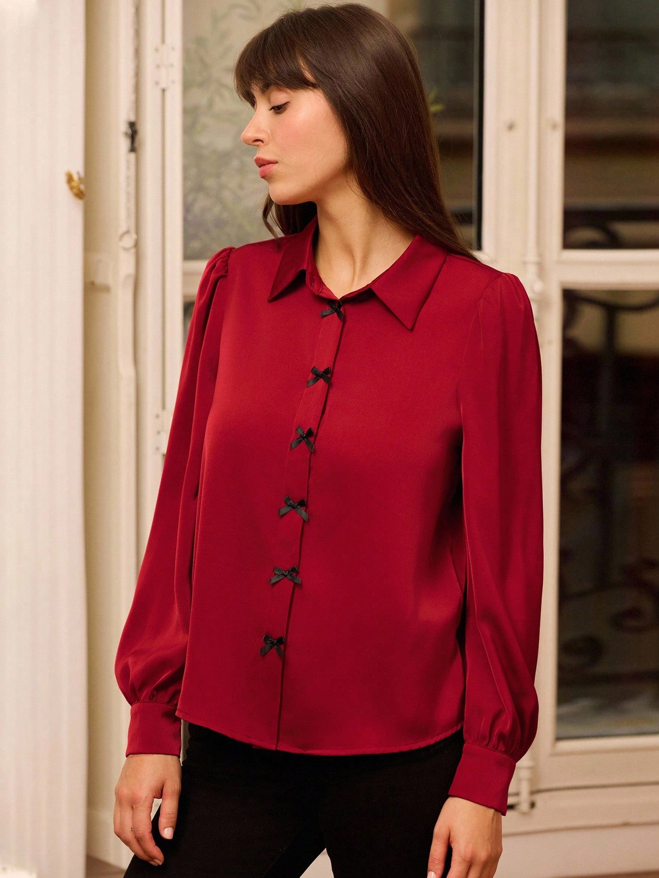 Camisa de satén rojo con detalles de lazos negros, blusa de mujer para otoño, invierno, Navidad, Año Nuevo, casual de negocios para la oficina