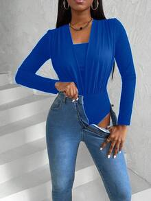 Zolique Women's Spring And Summer Pleated Chest 2 In 1 Long Sleeve Fashion Bodysuit Blue Royal Blue - Blue - View 6
