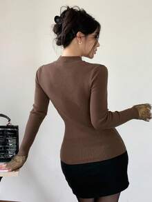 DAZY Women's Contrast Lace Hollow Out Fitted Long Sleeve Sweater, White, Spring/Autumn - Brown - View 2