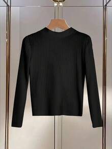 GlowEve Women's Pearl Button Decorated Black Long Sleeve T-Shirt - Black - View 2