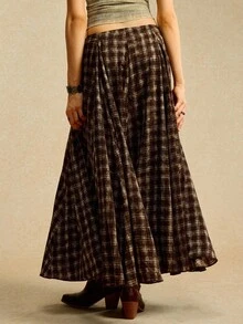 Easelle 女士棕色格子休闲长裙 - 摩卡棕 - 查看 2