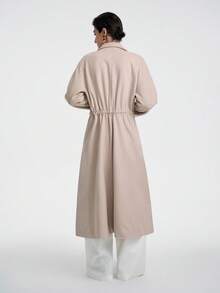 SHEIN LUNE Áo khoác dài tay dài bằng len pha ve áo trễ vai, thắt nơ, eo rút, cổ bẻ cho nữ, trang phục công sở thường ngày, đi làm, phong cách đường phố cổ điển thanh lịch, thời trang mùa đông đa năng, lễ Tạ ơn, tiệc tùng, trở lại trường, thu/đông - Màu Khaki - Xem 2