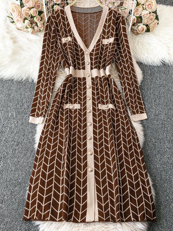 DreamSkyne Women's Black Knitted V-Neck Geometric Jacquard Contrast Trim Pocket Mid-Length Fitted Elegant Thick Stretchy Cardigan, Suitable For Halloween, New Year, Valentine's Day, Thanksgiving, Christmas, Easter, Gala, New Year's Eve