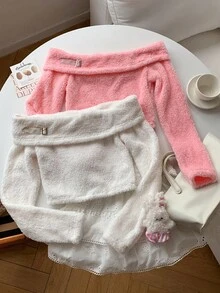 Comfortcana Women's Casual Fluffy Off Shoulder Long Sleeve T-Shirt, Autumn/Winter