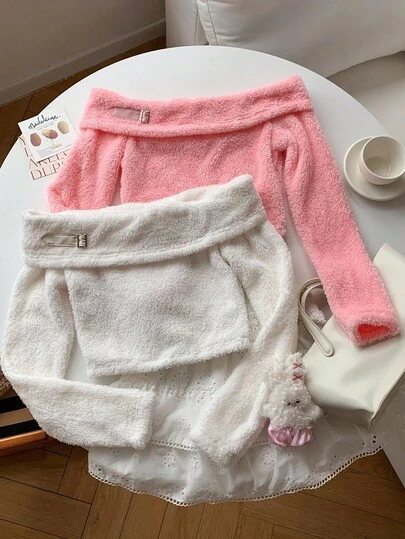 Comfortcana Women's Casual Fluffy Off Shoulder Long Sleeve T-Shirt, Autumn/Winter
