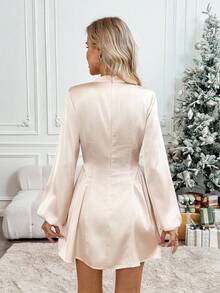 SHEIN LUNE Stand Collar Lantern Sleeve Ruched A-Line Waist Dress Christmas - Apricot - View 2