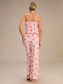 Enchnt Romantic Spaghetti Strap Bow Women Pajama Set ,Vacation - Pink - View 6