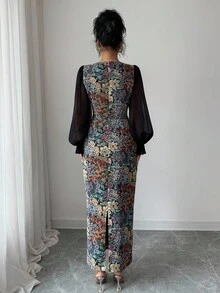 Modelyn 女士优雅雪纺拼布印花方领收腰A字长裙 - 黑色 - 查看 2