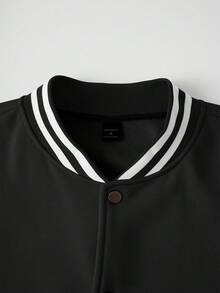 Manfinity Campus Court 男士字母印花前开襟纽扣休闲长袖保暖夹克，复古风，秋冬季保暖夹克 - 黑色 - 查看 4