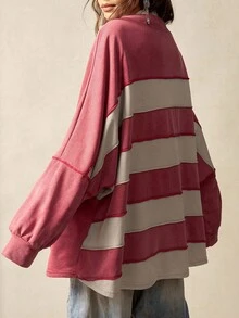 Bohemela 休闲针织拼接连帽长袖宽松水洗长款女士卫衣秋冬装 - 紅色 - 查看 2