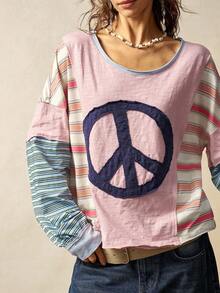 Bohemela 女式休闲针织拼布圆领长袖 T 恤 - 粉色 - 查看 5