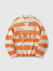 ROMWE MEN Prep 男士学院风条纹字母刺绣毛衣，适合情人节、秋冬季穿着，长袖上衣 - 橘色 - 查看 1