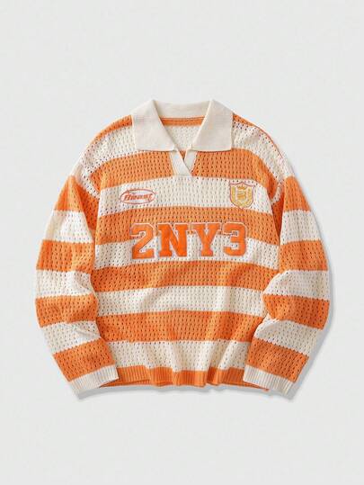 Men's Prep Striped Embroidered Sweater, Suitable For Valentine's Day, Fall/Winter