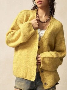 Bohemela Áo khoác ngoài phong cách Boho Thu/Đông, Áo cardigan dệt kim dáng rộng màu mơ cổ điển dành cho nữ, màu trơn, cài khuy phía trước, chất liệu lông xù, kiểu dáng miền Tây, thích hợp cho các buổi hòa nhạc, kỳ nghỉ, đi học, đi chơi, Giáng sinh và Năm mới. - Màu vàng ngỗng - Xem 7