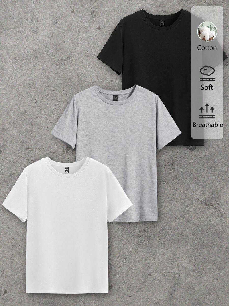 SHEIN Essnce 3 件套女士休闲棉质圆领短袖 T 恤，黑色/白色/灰色，适合夏季的基本款式 - 彩色 - 查看 1