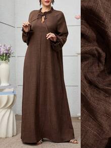 Yasmyna Ruffle Trim Tie Neck Loose Fit Long Sleeve Elegant Casual Dress