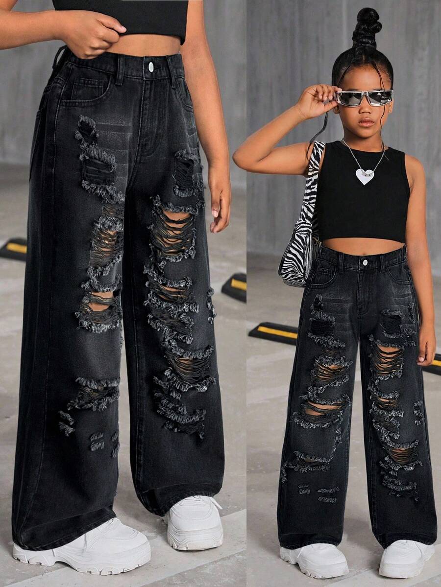 SHEIN Tween Girl Y2K Fashionable Retro Washed High Waist Distressed Ripped Straight Leg Jeans, Back To School Casual - Black - View 1