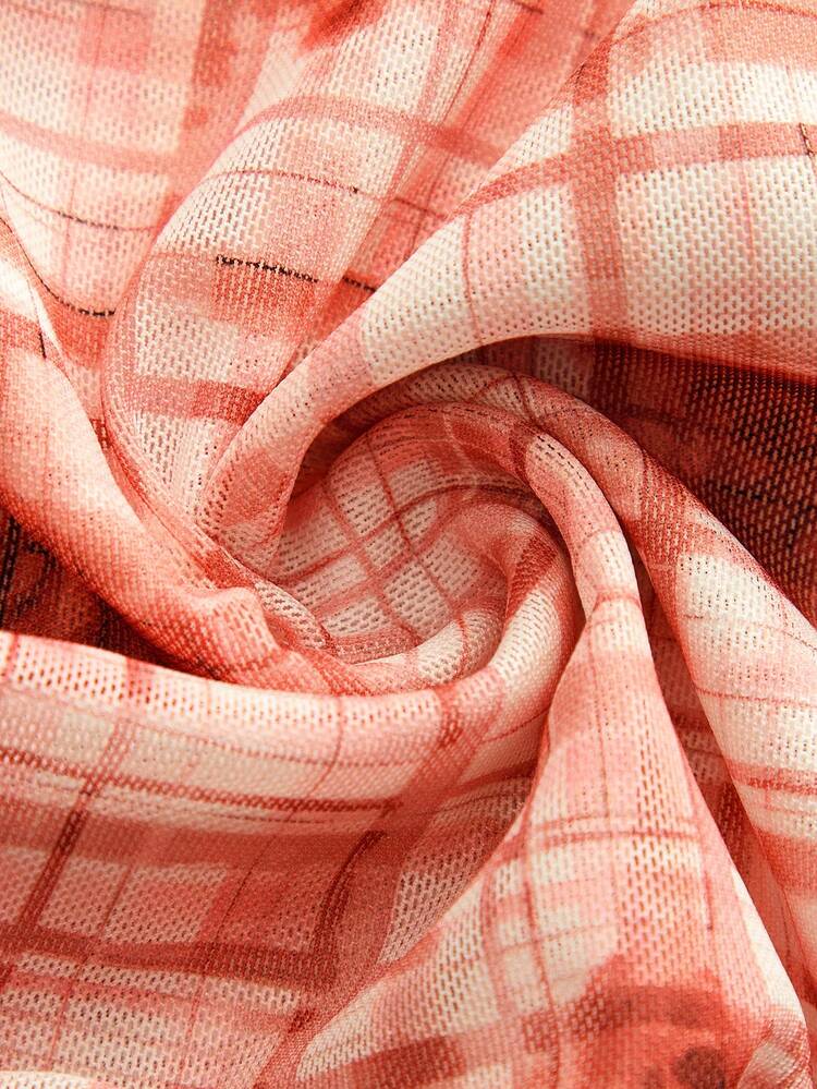 Autumn Pink Checked Mesh Fitted Top With Floral Print, Side Ruching, And Asymmetric Hem Spring Women Clothes Spring Summer Office Top Going Out Top
